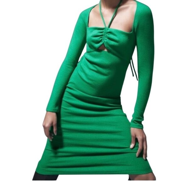 Zara Green LS Ribbed Cut-Out Stretch Midi Dress Size M Bodycon - Picture 3 of 13